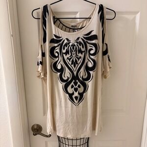 Vocal Women Cream ColdShoulder Rhinestone Scroll GraphicTop Wms M Boho Modal EUC